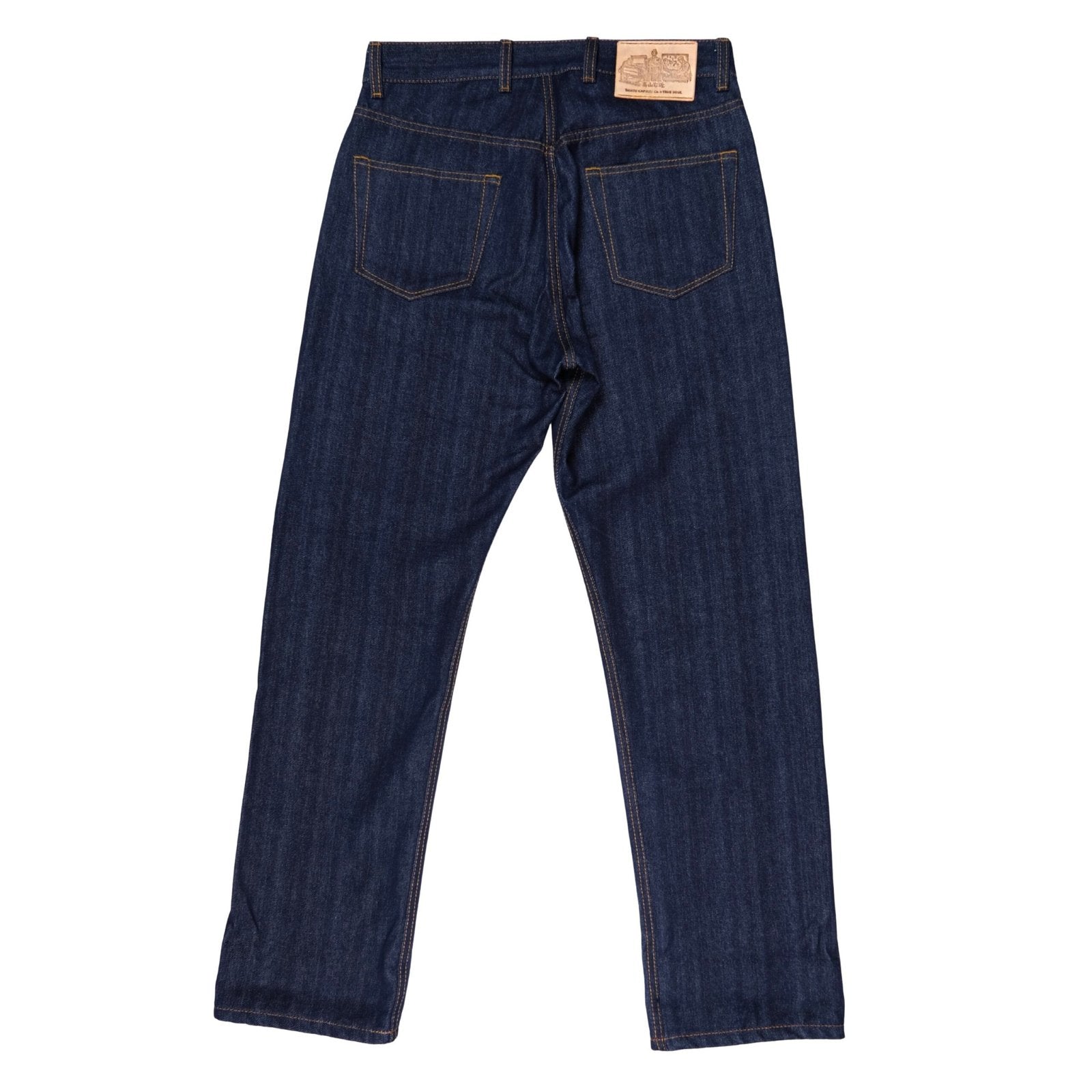 Calça Jeans Selvedge Ukon em denim cru, ângulo lateral traseiro – DANTE Capelli