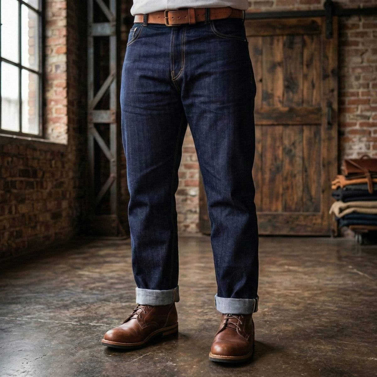 Calça Jeans Selvedge Ukon em denim cru, styling lifestyle – DANTE Capelli