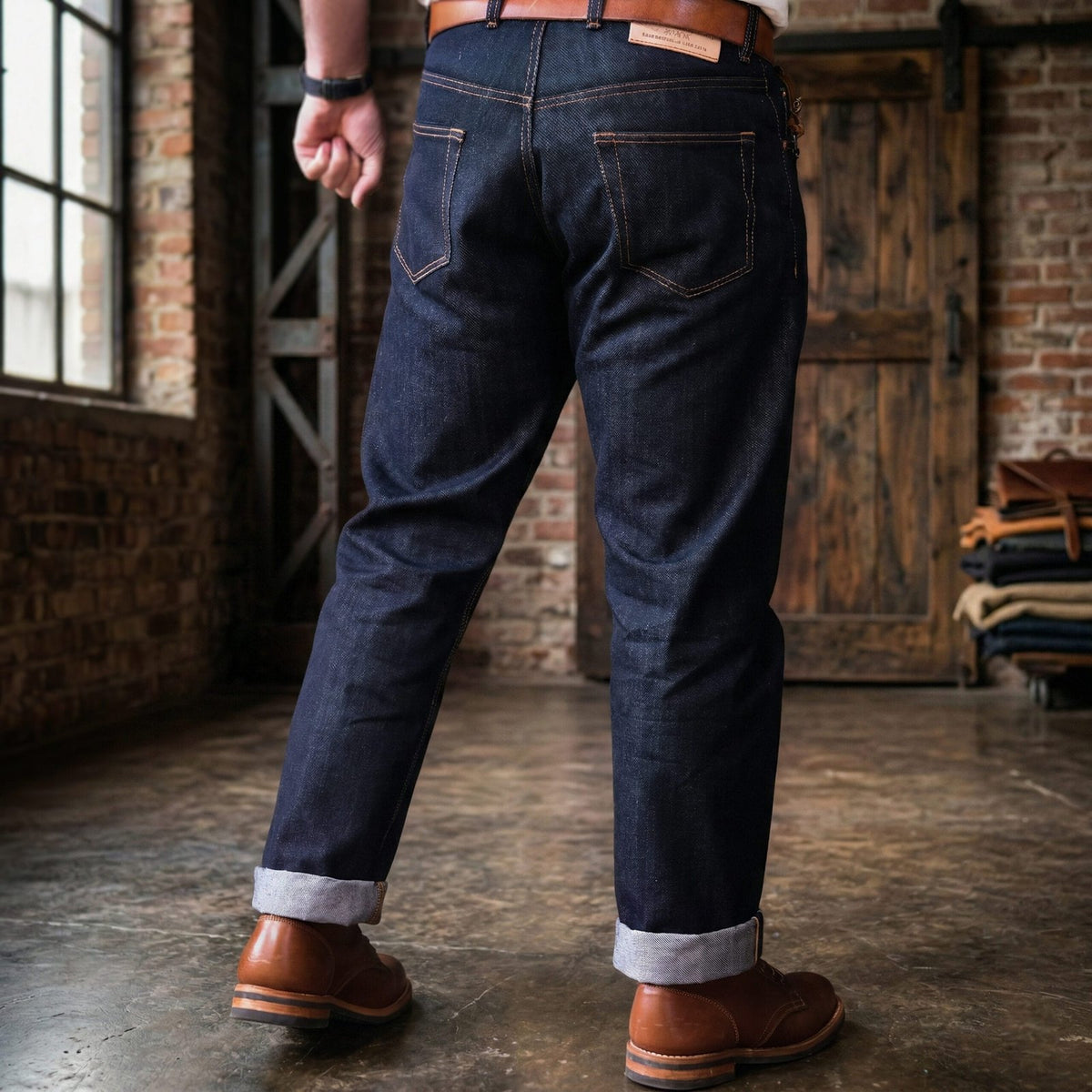 Calça Jeans Selvedge Ukon em denim cru, outro ângulo lifestyle – DANTE Capelli
