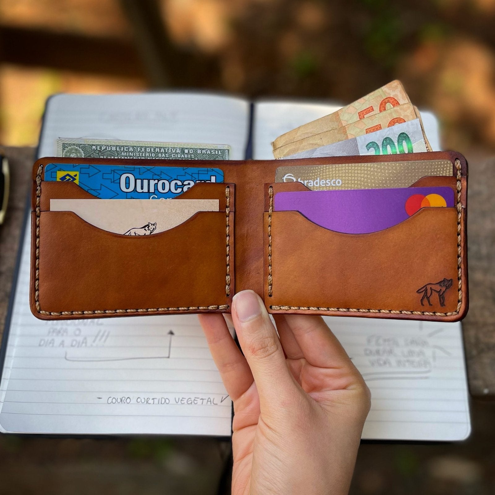 Carteira de Couro Bifold NO.5 Savana, vista interna aberta – DANTE Capelli