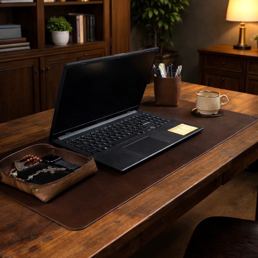 Desk Pad de Couro Marrom, still sobre superfície neutra – DANTE Capelli