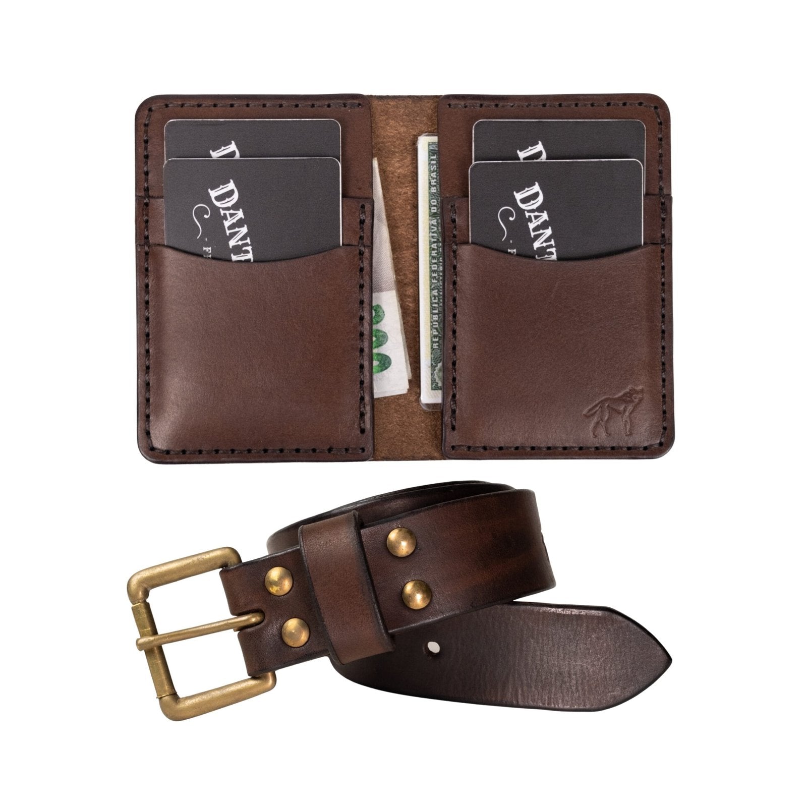 Kit Moderno Carteira No.6 + Cinto Marrom, vista frontal do conjunto – DANTE Capelli