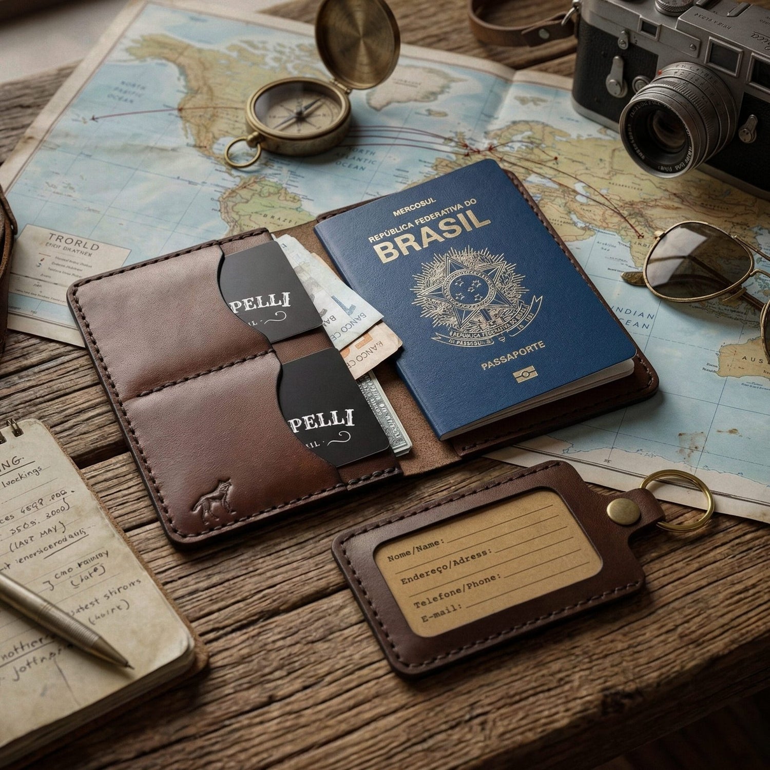 Kit Porta-Passaporte e Identificador de Bagagem Marrom, styling lifestyle – DANTE Capelli