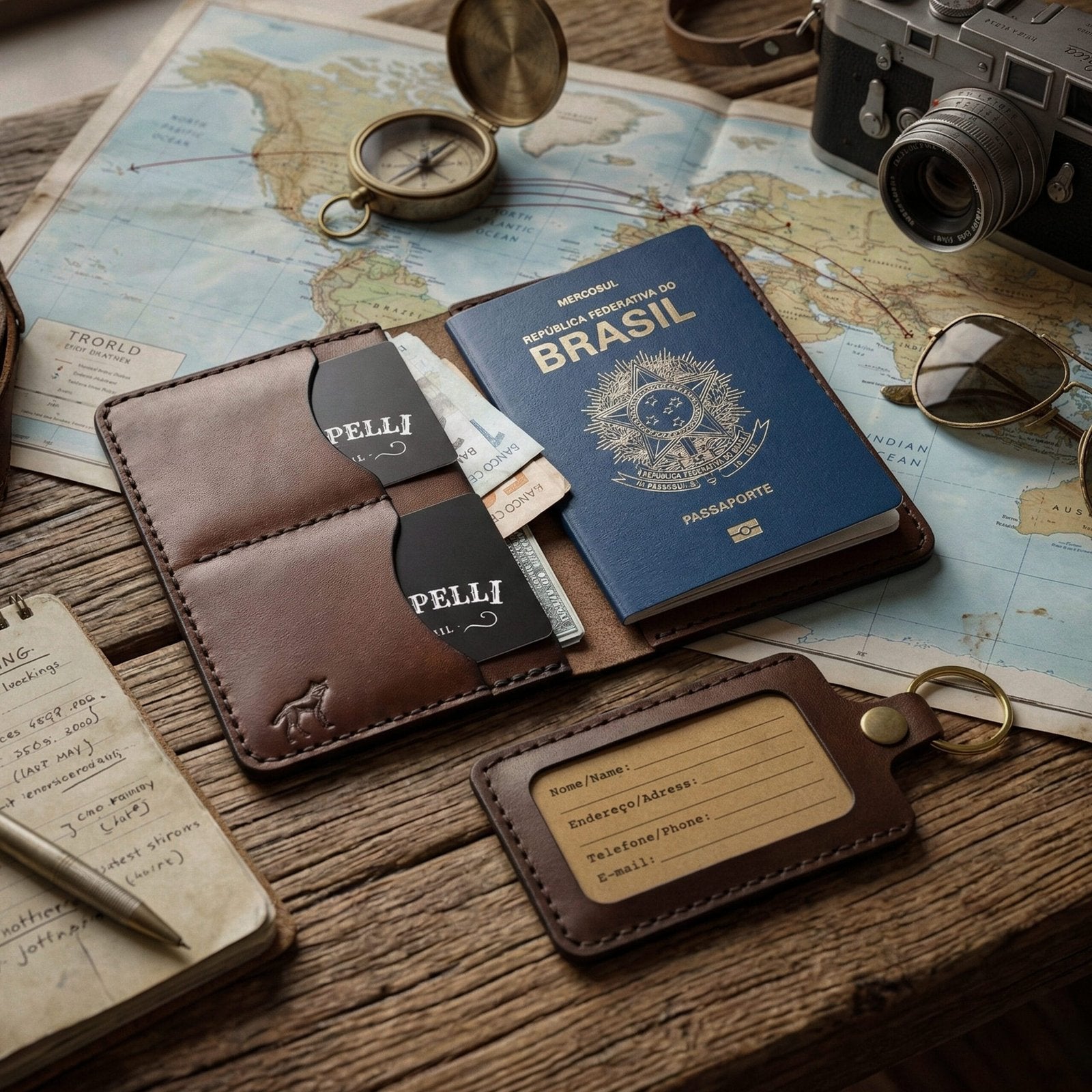 Kit Porta-Passaporte e Identificador de Bagagem Marrom, styling lifestyle – DANTE Capelli