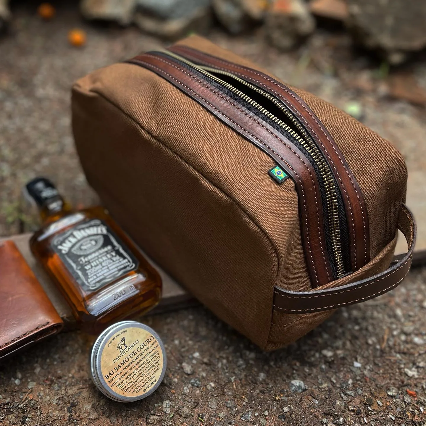 Necessaire Lona Encerada e Couro Marrom - Imagem 3