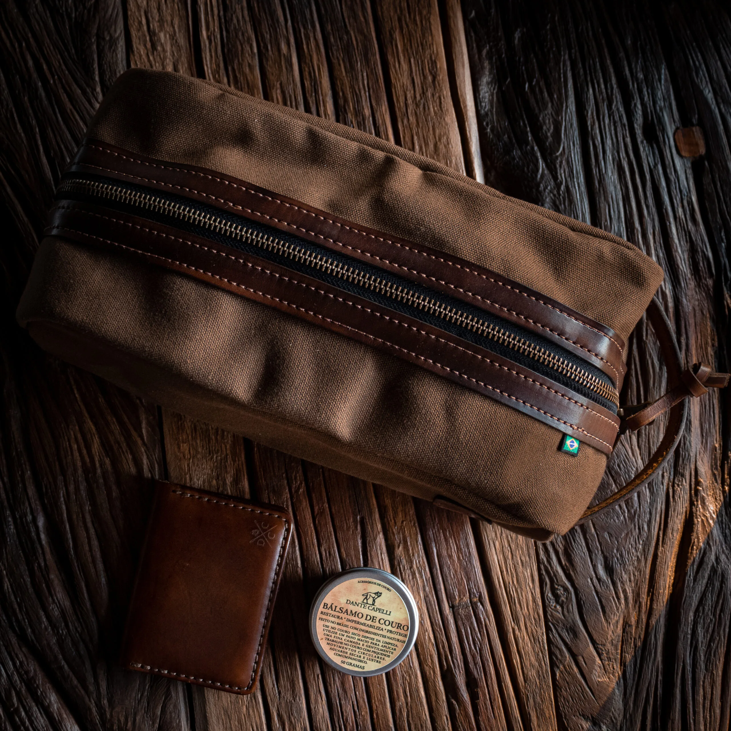 Necessaire Lona Encerada e Couro Marrom - Imagem 7
