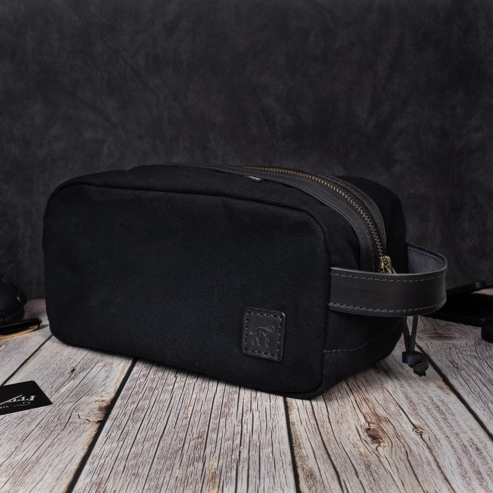 Necessaire Lona Encerada e Couro Preta - Imagem 3
